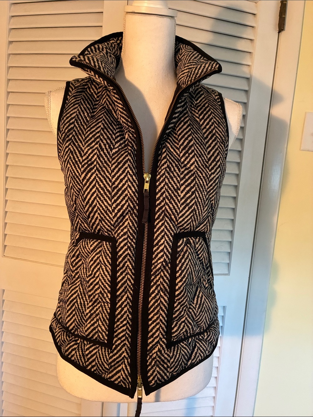 J. Crew Black and Cream Herringbone Quilted Vest